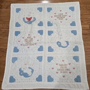 VTG Bedtime Baby Quilt 1986 Wall Hanging 38" x 45" Cross Stitch Bunny Handmade